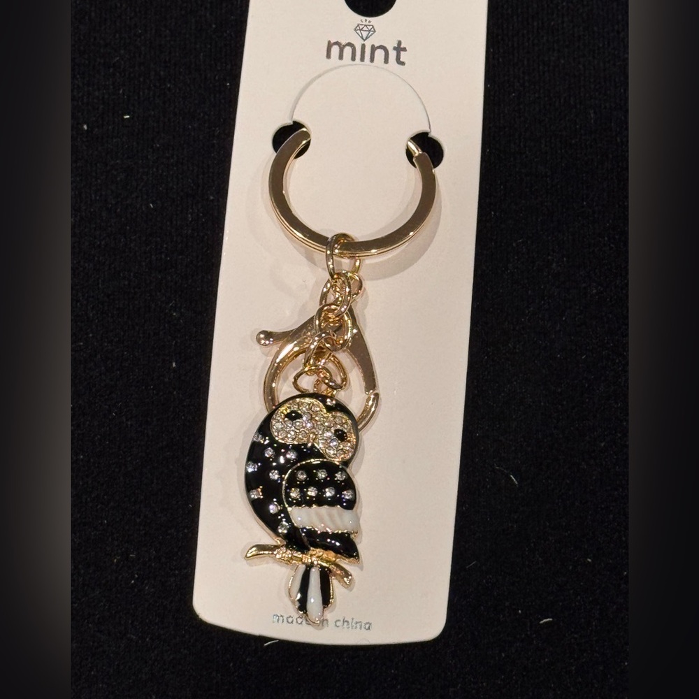 BAG CHARM Mint Black Enamel Clear Crystal Owl on Perch Keychain Purse Charm 4 in